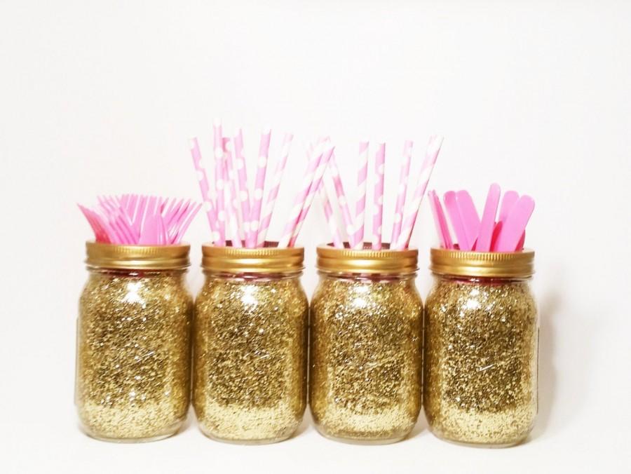 Hochzeit - Mason Jar Centerpieces, Gold Wedding Decor, Baby Shower Centerpiece, Birthday Decorations, Wedding Centerpieces, Graduation Decor,  Set of 4