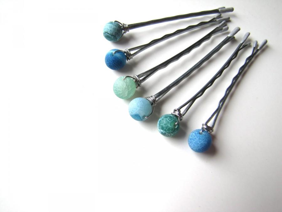 زفاف - Agate Bobby Pins Sea Green and Blue, Set of 6 Hair Pins