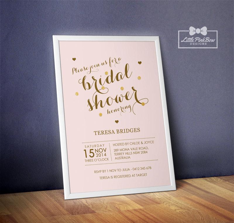 Wedding - Pink Gold Bridal Shower Invitation Printable, Blush Gold Bridal Shower Printable Invitation