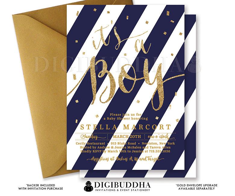 Mariage - Boy BABY SHOWER INVITATION Navy & Gold Stripes Printable Baby Shower Invite Gold Glitter Its A Boy Calligraphy Free Shipping or DiY - Stella