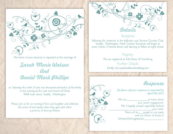 Hochzeit - DIY Wedding Invitation Template Set Editable Word File Instant Download Floral Wedding Invitation Bird Invitation Printable Blue Invitations