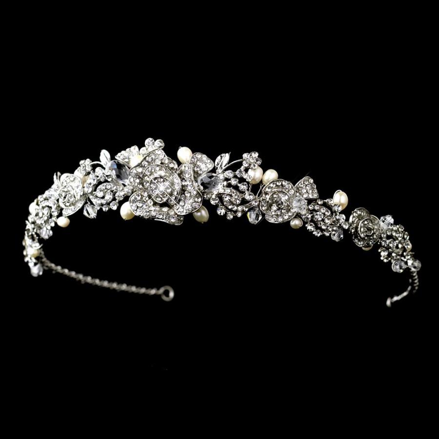 Wedding - Bridal tiara, Rhinestone tiara, Freshwater pearl tiara, Bridal rhinestone rose headband, Antique silver headpiece