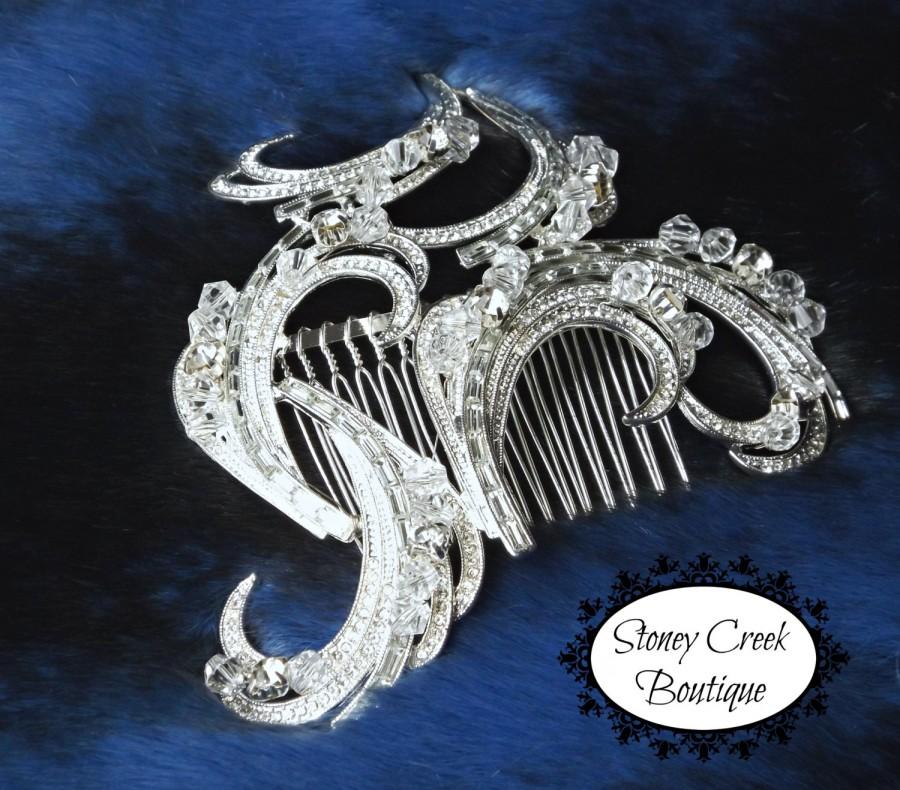Hochzeit - Audrey - Large Crystal Wedding Hair comb, Baguette Hair comb, Art Deco Headpiece, Vintage Hair Comb