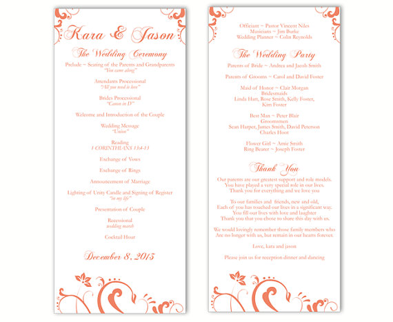 Wedding - Wedding Program Template DIY Editable Text Word File Instant Download Program Orange Program Floral Program Printable Wedding Program 4x9.25