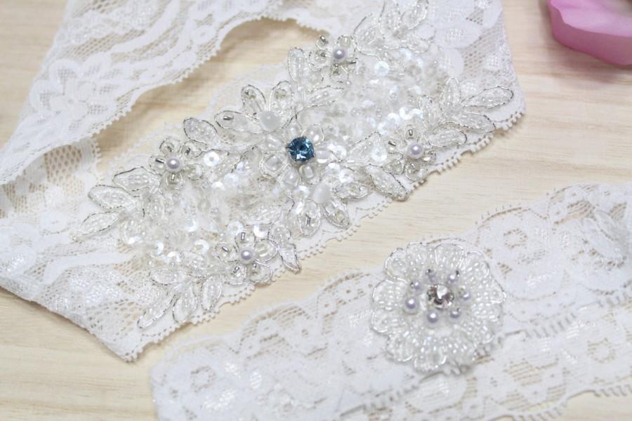 Hochzeit - White lace garter set, Wedding bridal lace garter set, white garter set, lace wedding garter set, something blue wedding garter set
