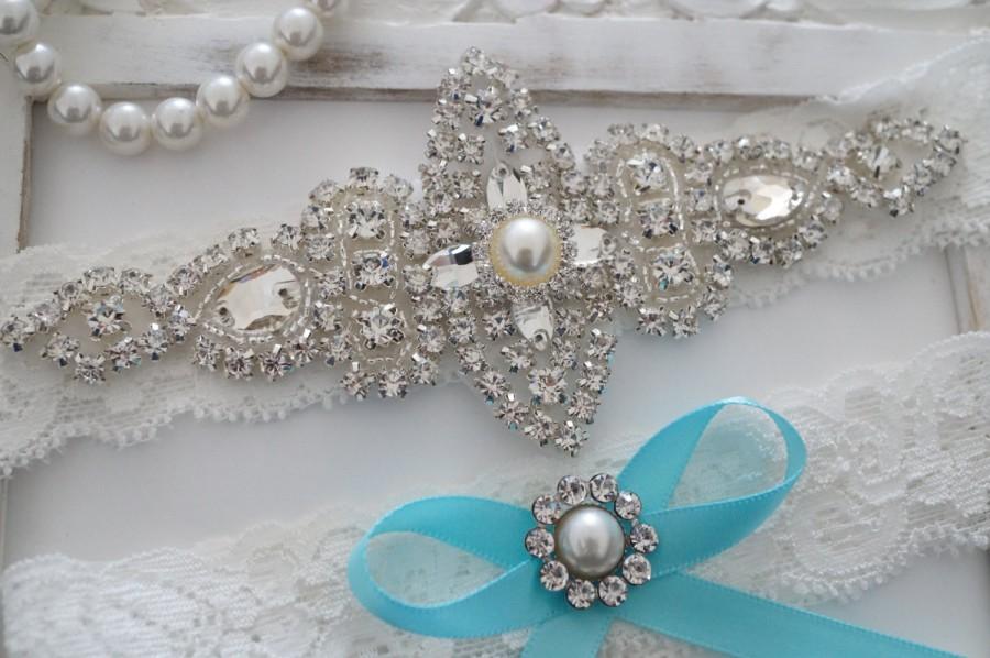 زفاف - Wedding Garter Set, Bridal Garter Set, Vintage Wedding, Ivory Lace Garter, Crystal Garter Set, Something Blue - Style 100B