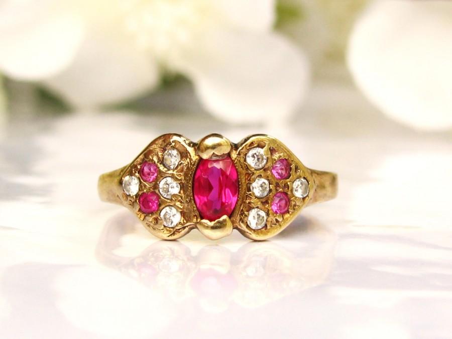 زفاف - Antique Ruby & Clear Paste Ring Alternative Engagement Ring 10K Yellow Gold Petite Ruby Wedding Ring Vintage Promise Ring Size 7