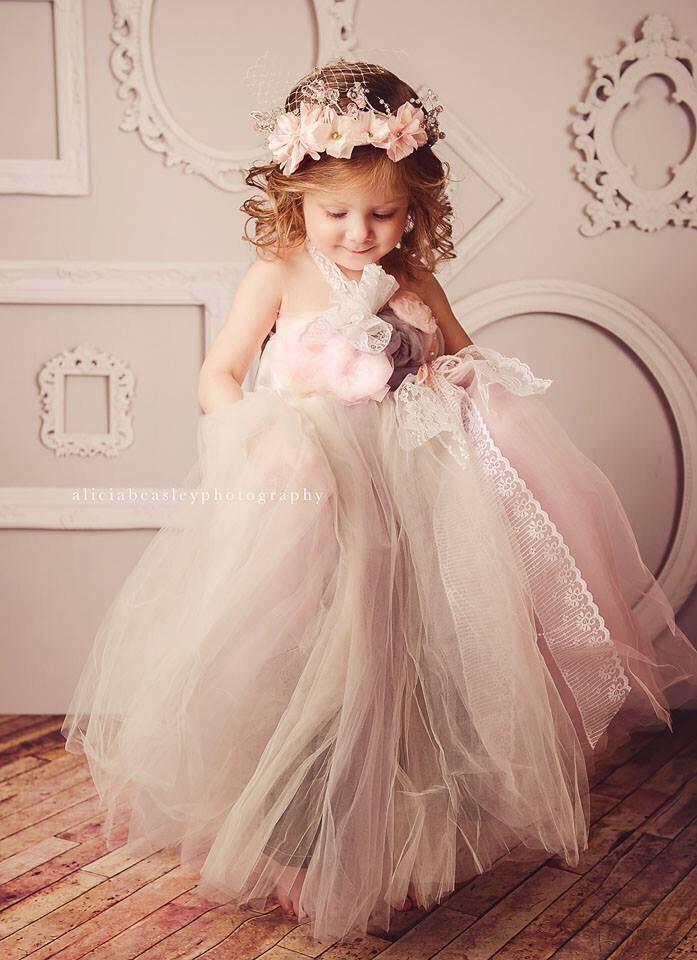 Hochzeit - Flower Girl Tutu Dress Gray Blush Pink Shabby Chic Gown