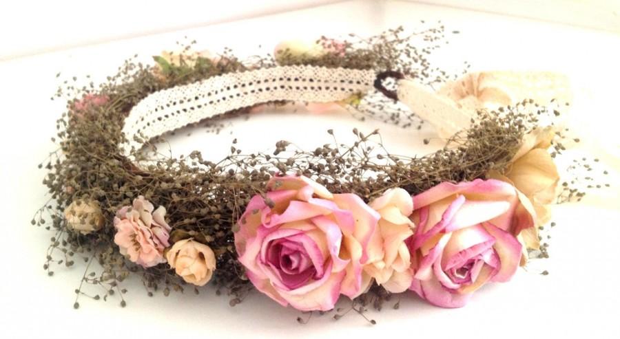 Mariage - Wedding flower halo hair wreath bridal accessory babys breath french rose hydrangeas crochet lace boho retro hippy bohemian bride headband