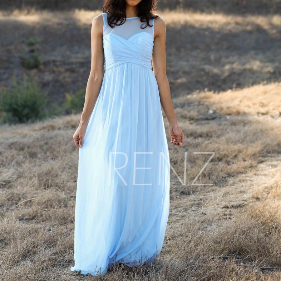 Mariage - 2015 Light Blue Bridesmaid dress Long, Empire Waist Wedding dress, Chiffon Illusion Maxi dress, Sweetheart Prom dress foor length (T133)