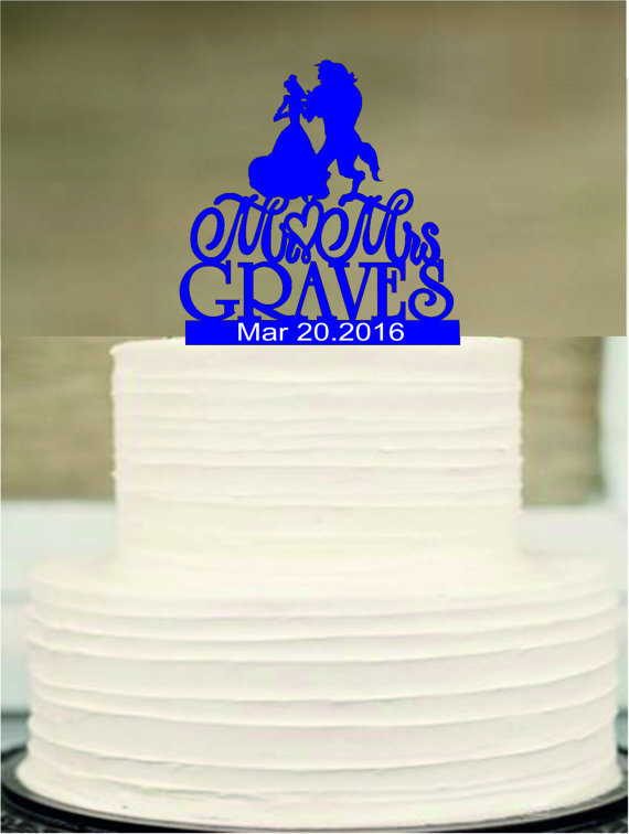 زفاف - silhouette personalized wedding cake topper, mr and mrs wedding cake topper with heart decor, disney cake topper, beauty and the beast