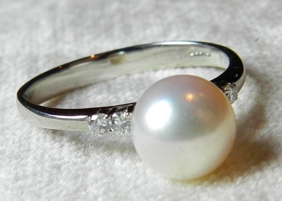 زفاف - Vintage Pearl Engagement Ring Unique Engagement Platinum Ring Diamonds 8mm Cultured Pearl Ring Unique Engagement Ring