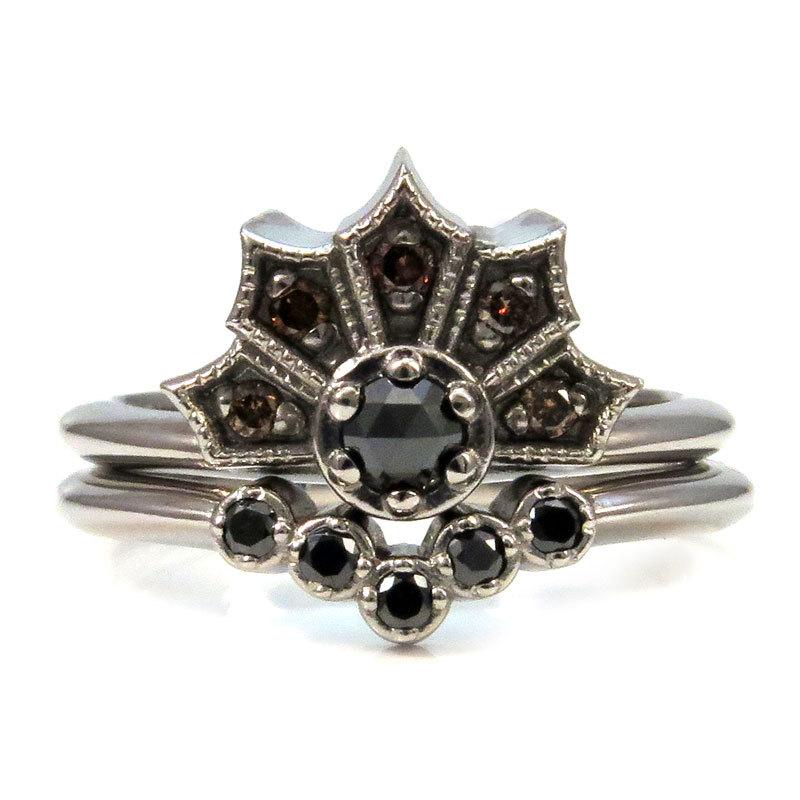 Wedding - Gothic White Gold and Black Diamond Crown Ring set with Nesting Wedding Band - Palladium White Gold and Champagne Diamonds Engagement Ring