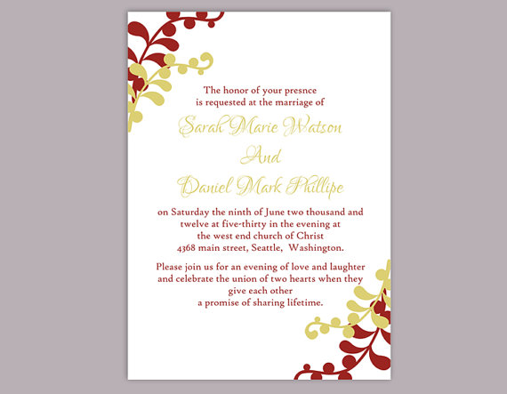 Свадьба - DIY Wedding Invitation Template Editable Word File Instant Download Elegant Printable Invitation Green Wedding Invitation Red Invitations