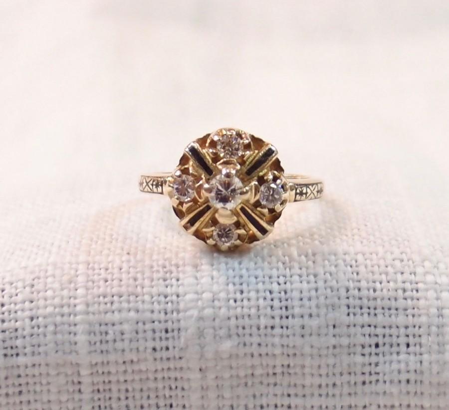 Wedding - Victorian 14k Gold Diamond and Enamel Engagement Ring .40 Carats