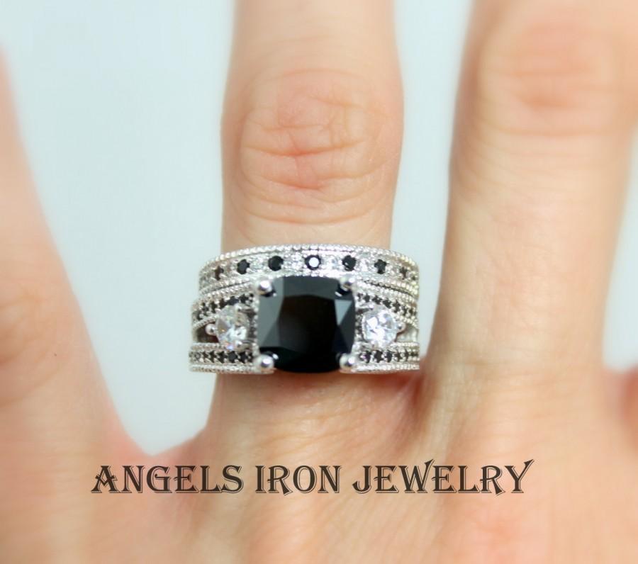 زفاف - Black Diamond Ring Set Women White Gold Filled Engagement Wedding Anniversary Promise Rings Unique Gothic High Quality Jewelry Gift