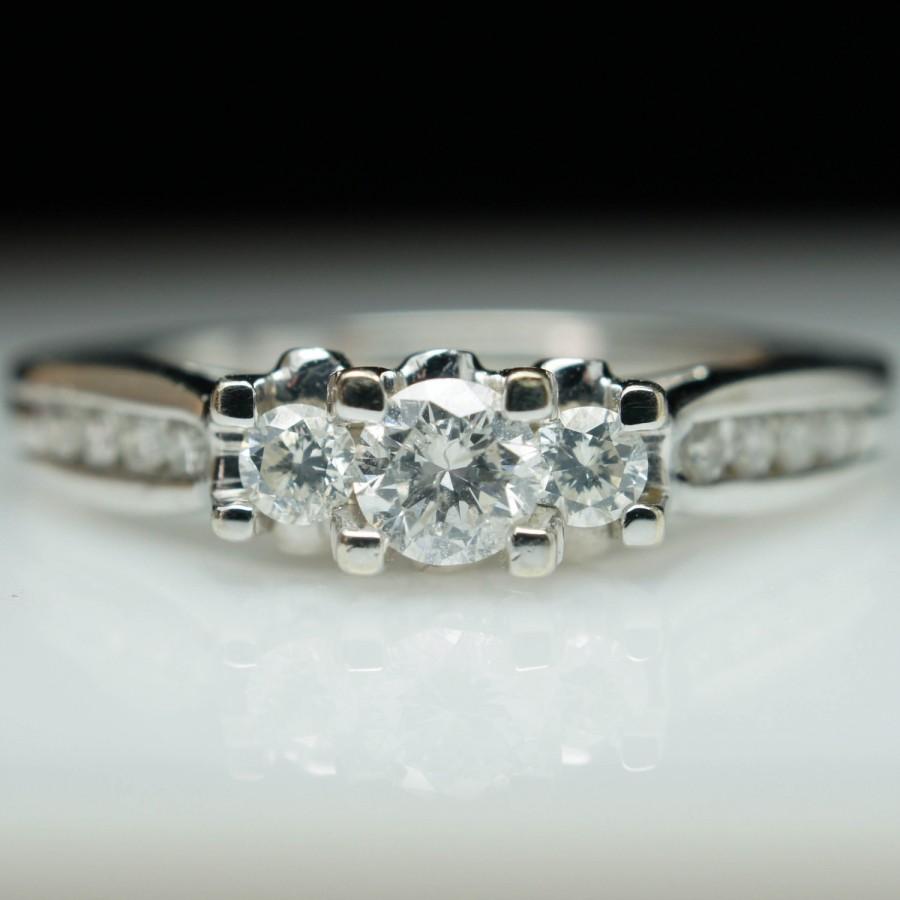 Hochzeit - Vintage .62ct Three Stone Diamond Engagement Ring 14k White Gold - Size 9