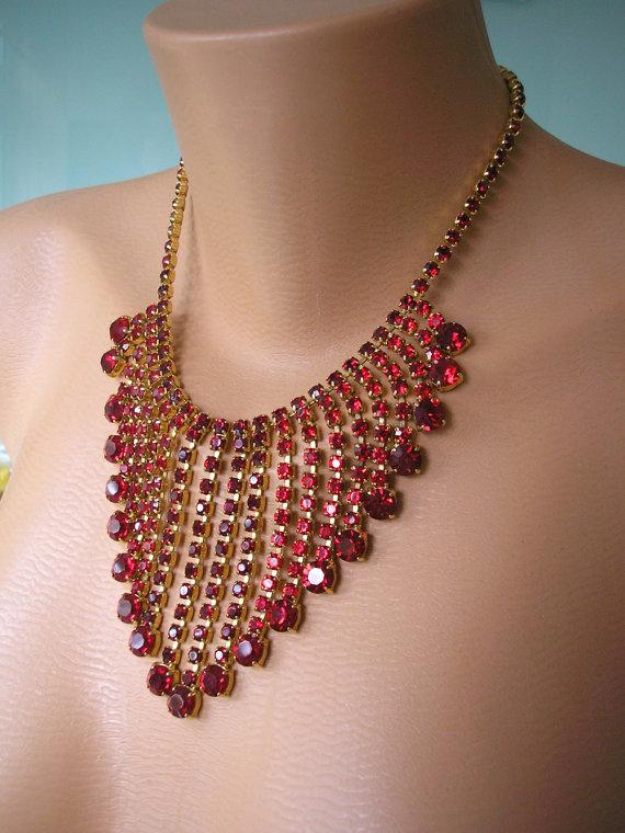 Свадьба - Great Gatsby Jewelry, Red Rhinestone, Ruby Statement Necklace, Rhinestone Bib, Diamante, Waterfall. Vintage Bridal, Bridal Choker, Deco