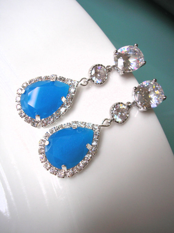 Mariage - Periwinkle Blue Earrings, Bridal Drop Earrings , CZ Earrings , Cubic Zirconia, Wedding Earrings, Teardrop, Halo, Rhinestone, Bridal Jewelry