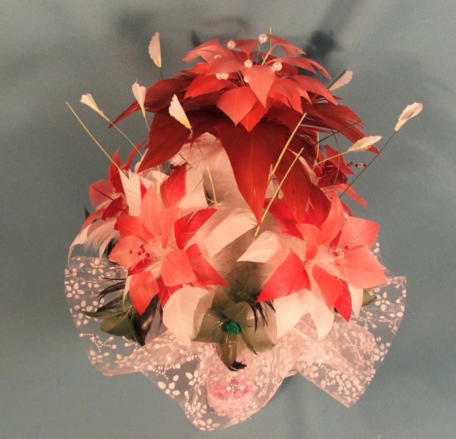 زفاف - Real Feather Bridal Bouquet “Beauty” - Bridal Bouquet – Red - Pink - White - Green