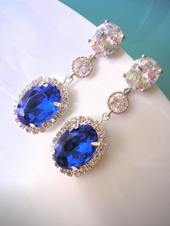 Wedding - Blue Crystal Bridal Earrings , Bridal Drop Earrings , CZ Earrings , Cubic Zirconia, Wedding Earrings, Oval, Halo, Rhinestone, Bridal Jewelry