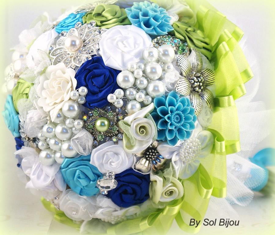 Mariage - Brooch Bouquet, Turquoise, Lime Green, Royal Blue, White, Bridal, Wedding, Jeweled, Pearls, Crystals, Tulle, Elegant, Outdoor Wedding