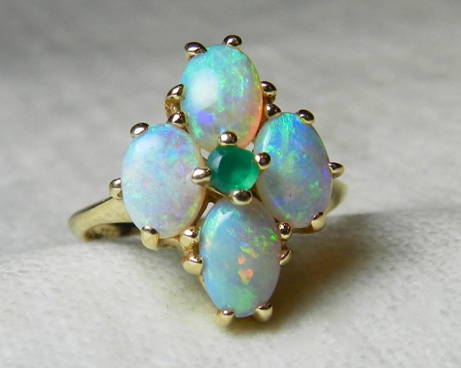 Hochzeit - Opal Ring 14K Opal Engagement Ring Antique Australian Blue Opal Emerald Ring Engagement Ring 14K May October Birthday