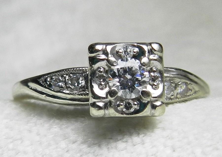 Wedding - Antique Engagement Ring, Diamond Art Deco Engagement Ring Transitional Cut Diamond 14K White Gold Orange Blossom Engagement