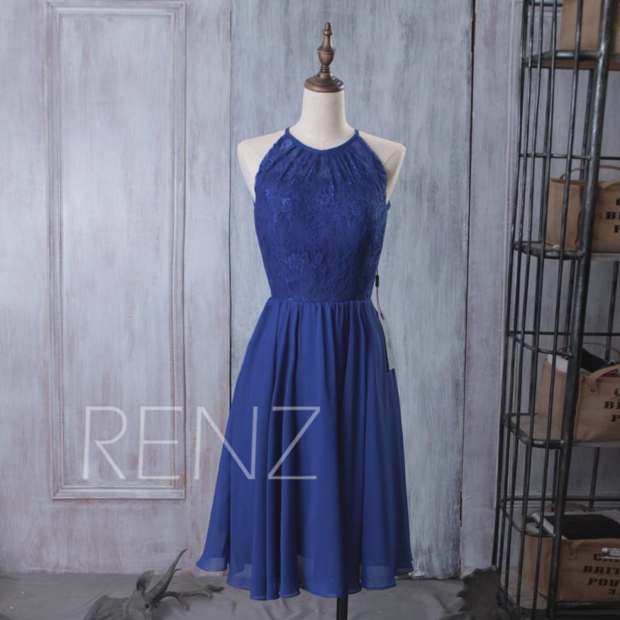 Свадьба - 2015 Royal Blue Halter Bridesmaid dress, Wedding dress, Lace dress, Chiffon dress, Party dress, Formal dress, Prom dress,Knee-Length (B080A)