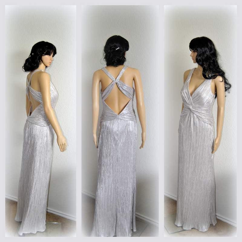 Wedding - 20%OFF Harlow Empire Silver Gown, Low back Dress, Metallic Gown Vintage inspired Bridal Gown Rehearsal Dinner Hollywood Dress Size Med
