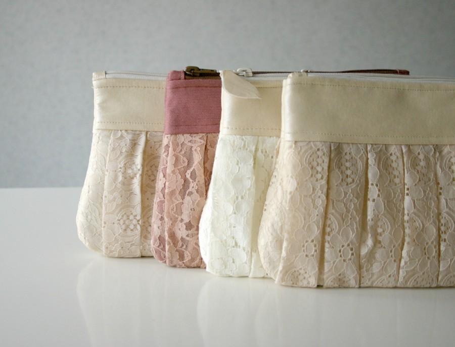 Wedding - 4 Romantic Bridesmaid lace clutch Ruched bags Pleated lace Pearl effect leather Bridesmaids gifts 