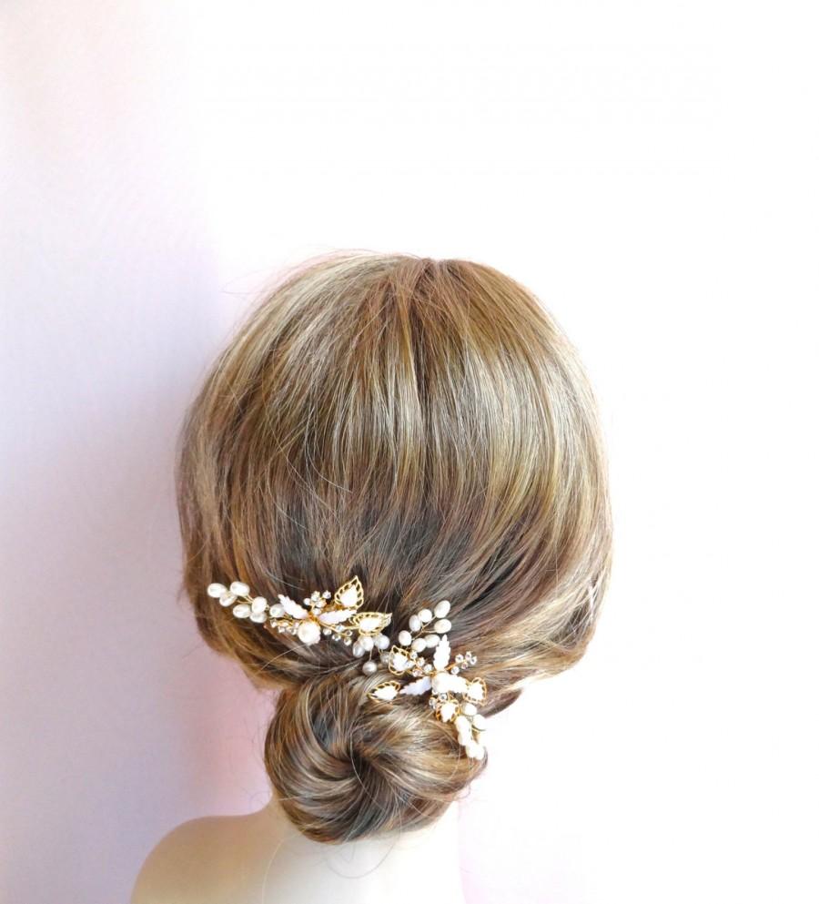 زفاف - Gold bridal headpiece comb, 18k gold plate, enamel, real freshwater pearls, darling wedding hair jewelry Style 310