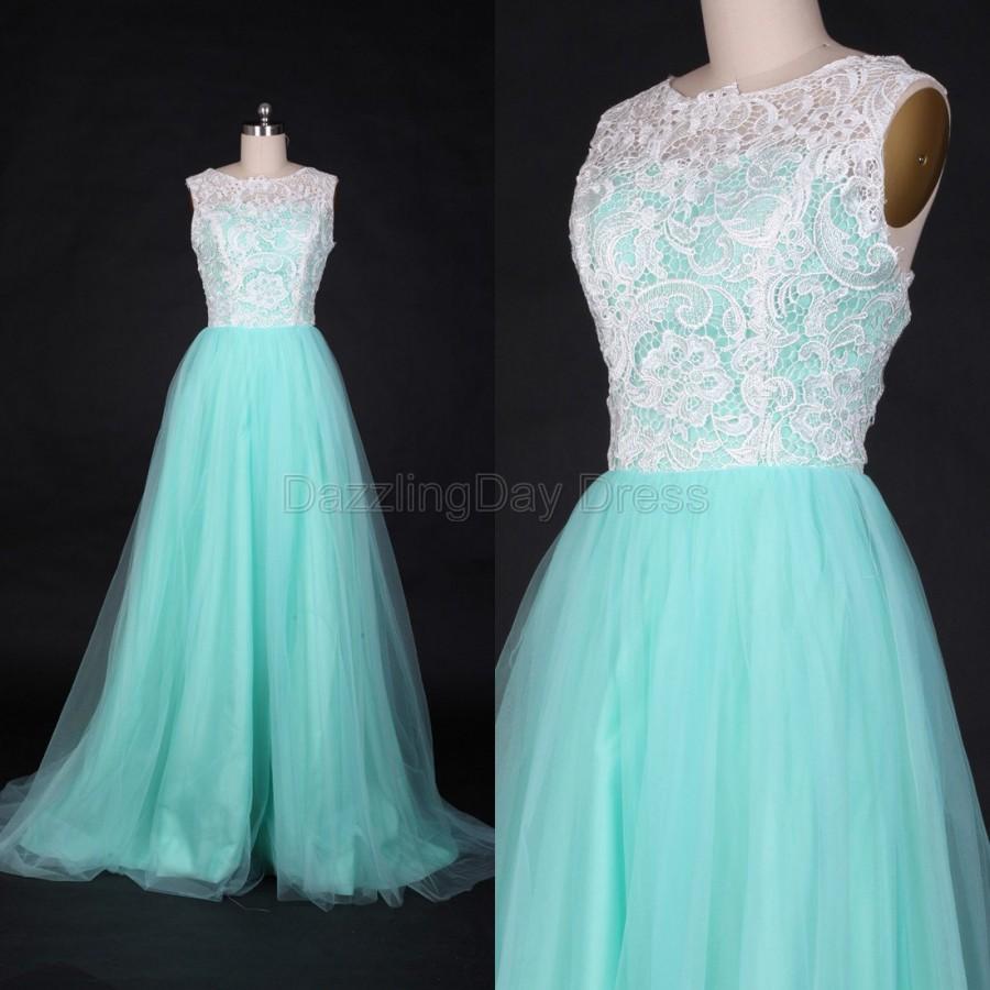 Hochzeit - Mint Bridesmaid Dress Long Tulle Prom Dresses Lace Wedding Dress Fashion evening dress party dress with Lace Applique