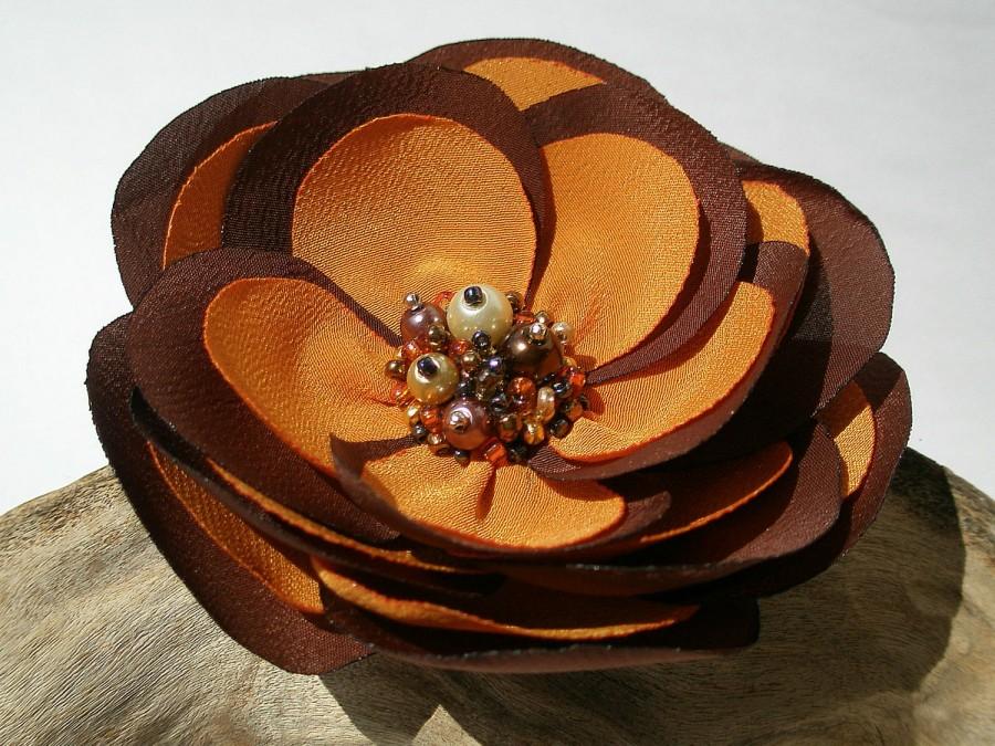 زفاف - Chocolate Brown And Orange Flower Hair Pin, Clip Or Brooch