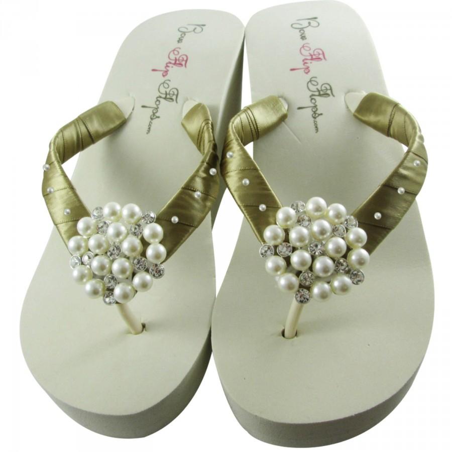 Mariage - Wedge Wedding Flip Flops with Swarovski Pearl Embellished Satin Straps for the Bride or Bridesmaids or Flower girl on wedding day, beach
