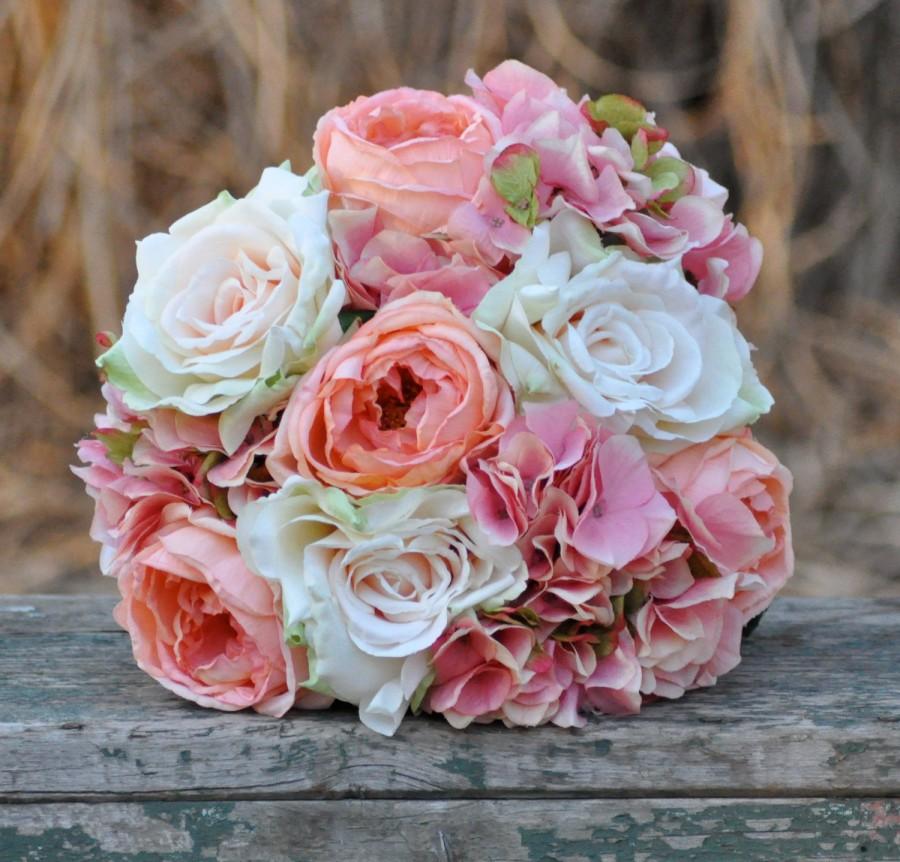 Hochzeit - Coral rose, blush rose and pink hydrangea wedding bouquet made of silk roses.