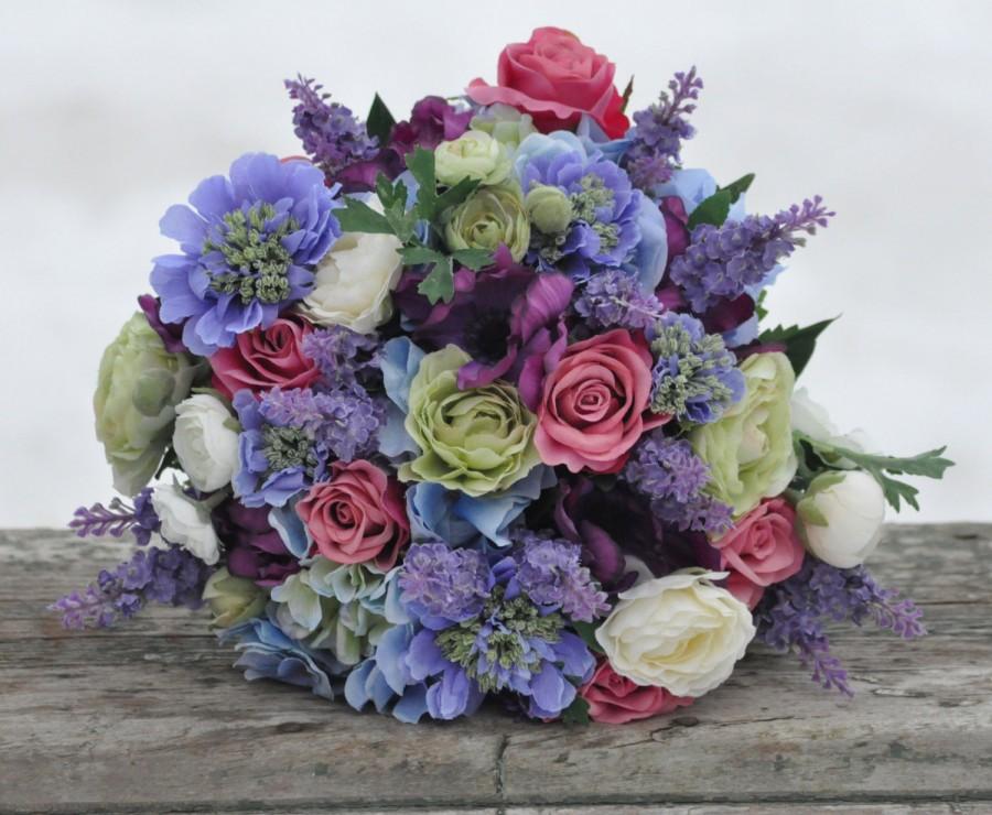 Mariage - Silk Wedding Bouquet, Wedding Bouquet, Keepsake Bouquet, Bridal Bouquet, Raspberry Pink Roses, Blue Hydrangea silk flowers.