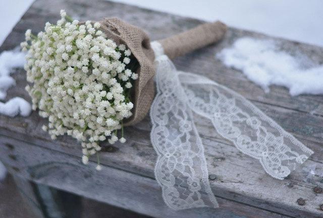 Hochzeit - Wedding Flower Bouquet made with Ivory, Cream, Baby Breath, Burlap and Lace Bridesmaids Bouquet.