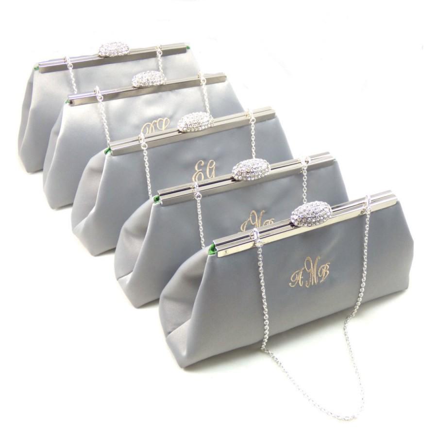 Mariage - SALE! 5% OFF Bridesmaid Gift, Set Of Five Platinum Grey and Jade Green Monogram Clutches, Bridal Clutch, Bridesmaid Clutch, Wedding Clutch