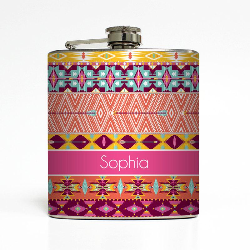 Wedding - Personalized Flask Custom Name Monogram Aztec Tribal Hipster Trendy Sorority Bridesmaid Gifts Stainless Steel 6 oz Liquor Hip Flask LC-1230