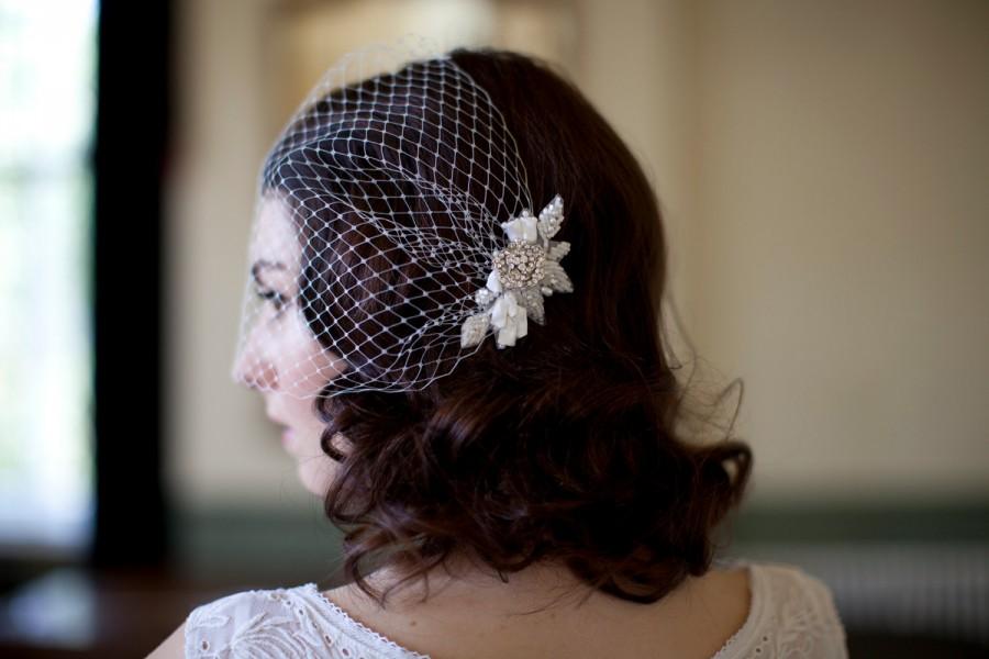 Wedding - Birdcage veil with beaded leaves and crystal flower, 1920s veil,1930s veil, 1940s veil, ivory birdcage veil,champagne birdcage veil
