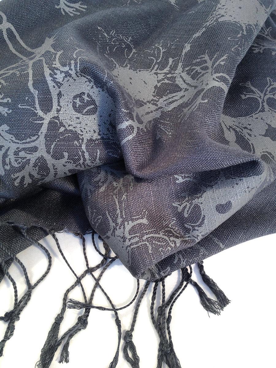 زفاف - Neuron silkscreened scarf. "Grey Matter." Dove gray axon & dendrite scientific print on charcoal modal linen. For men or women. Unisex.