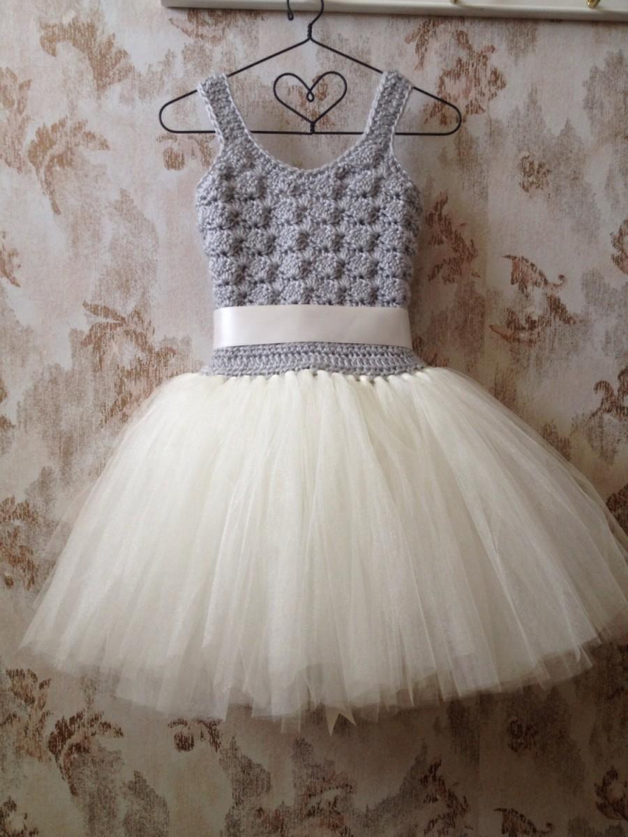 Mariage - Silver and ivory flower girl tutu dress, flower girl tutu dress, crochet tutu dress, baby tutu dress, toddler tutu dress, wedding tutu dress
