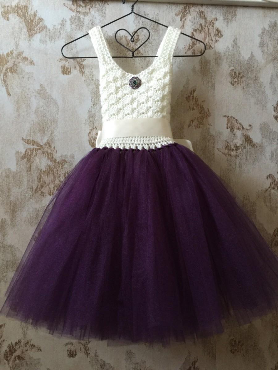 زفاف - Eggplant and ivory flower girl tutu dress, crochet tutu dress, toddler tutu dress, purple tutu