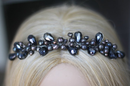 Wedding - Black Pearl and Crystal Bridal Headband Tiara 