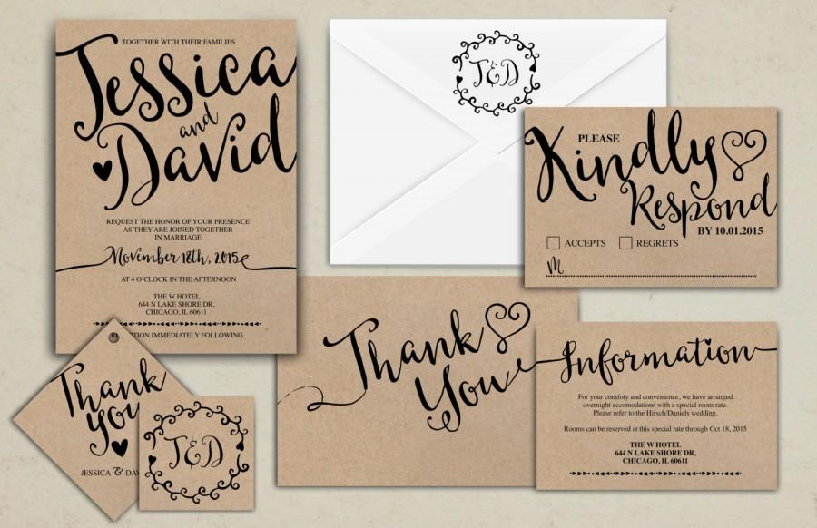 Wedding - Wedding Invitation Printable, Kraft,Wedding Invitation Suite, RSVP, monogram, info card, hand lettered typography theme.