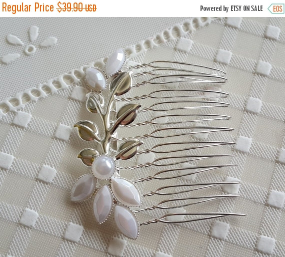 Wedding - ON SALE Silver Hair Comb With White Pearls - Bridal Hair Accessories - Wedding Hair Jewelry - Wedding Head Piece - Leaf Hair Comb - Leaves H