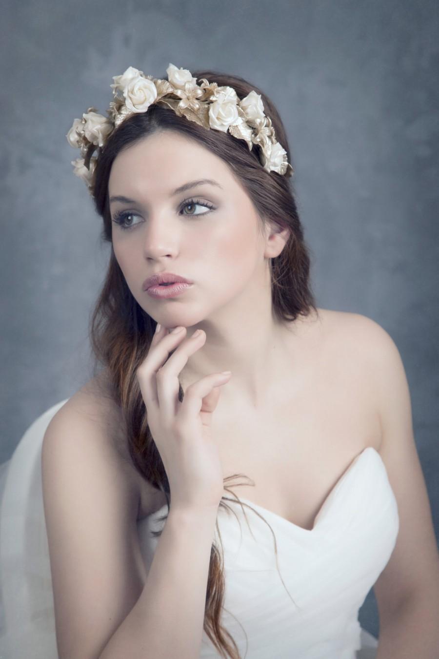 زفاف - Bridal ivory roses headpiece. Bridal flower crown. Wedding golden crown. Bridal roses crown. Bridal hair accessories. MOD556 bridal headpiece