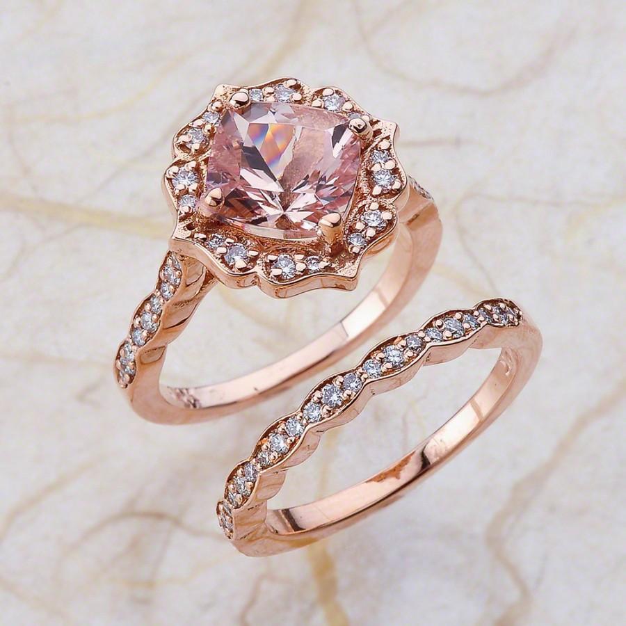 Mariage - Vintage Bridal Set  Morganite Engagement Ring and Scalloped Diamond Wedding Band in 14k Rose Gold 8x8mm Cushion Pink Morganite