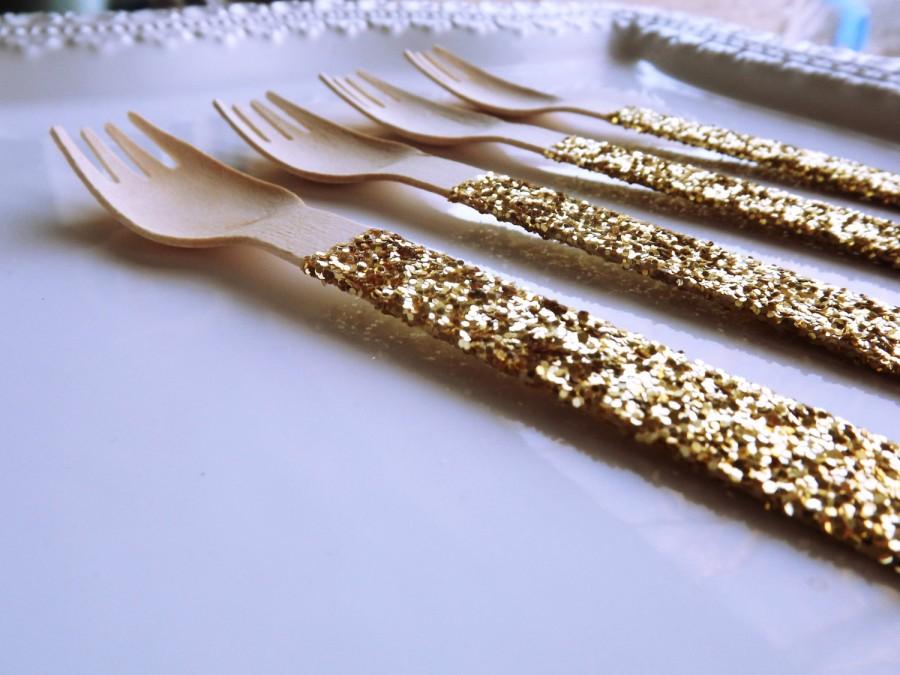 Wedding - Gold Glitter Wooden Forks- Gold Cutlery- Wedding Decor-Wedding Shower-Bridal Shower Forks-Glitter Party Supplies-biodegradable-Set of 12